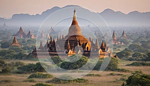 Temple and Pagoda Fields in Bagan in Myanmar in Southeastasia. Generative AI photo