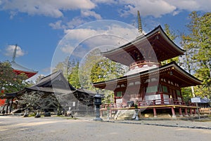 Temple pagoda on the sacred mountain of Koyasan, Japan Dai Garan Buddhist temple in Koyasan, Japan