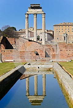 Temple pillars reflected in pool