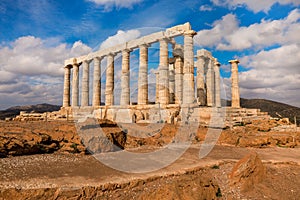 Temple of Poseidon at Cape Sounion, Attica, Greece.