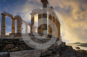 Temple of Poseidon at Cape Sounion, Attica / Greece. One of the Twelve Olympian Gods in ancient Greek religion and myth. He was go