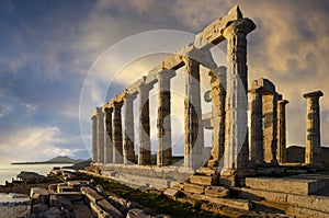 Temple of Poseidon at Cape Sounion, Attica / Greece. One of the Twelve Olympian Gods in ancient Greek religion and myth. He was go