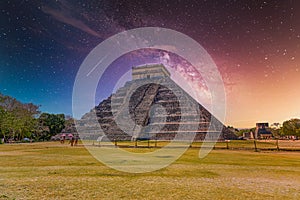 Temple Pyramid of Kukulcan El Castillo, Chichen Itza, Yucatan, Mexico, Maya civilization with Milky Way Galaxy stars night sky