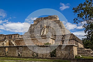 Temple Pyramide in Uxmal - Ancient Maya Architecture Archeological Site Yucatan, Mexico