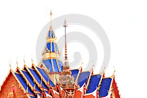 Temple roof blue in bangkok, ancient beautiful thailand on white background