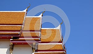 Temple roofs soar into blue sky