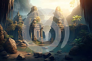 Temple ruins in fantasy mountains, old stone palace in jungle, generative AI