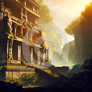 Temple ruins in fantasy mountains, old stone palace in jungle, Surreal mystical fantasy artwork. Generative AI