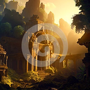 Temple ruins in fantasy mountains, old stone palace in jungle, Surreal mystical fantasy artwork. Generative AI