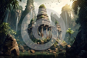 Temple ruins in jungle, old stone building and fairy waterfalls in mountain, generative AI