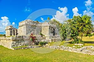 Temple ruins in Tulum of the Ancient Maya Archeological Site in Yucatan, Riviera Maya, Mexico