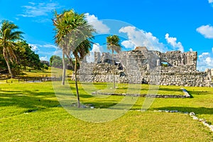 Temple ruins in Tulum of the Ancient Maya Archeological Site in Yucatan, Riviera Maya, Mexico