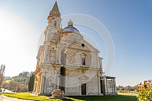 The Temple of San Biagio, imposing travertine church, in the middle of the Tuscan countryside, Montepulciano, Siena