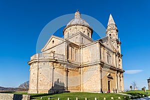 The Temple of San Biagio, imposing travertine church, in the middle of the Tuscan countryside, Montepulciano, Siena