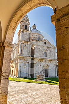 The Temple of San Biagio, imposing travertine church, in the middle of the Tuscan countryside, Montepulciano, Siena