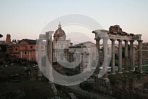 Temple of Saturn, ruins of pillars, Roman Forum, Rome, Italy.