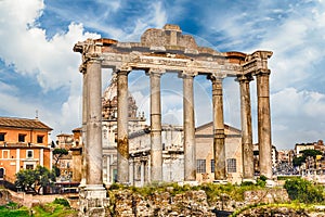 Temple of Saturn ruins in Roman Forum, Rome, Italy