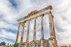 Temple of Saturn ruins in Roman Forum, Rome, Italy