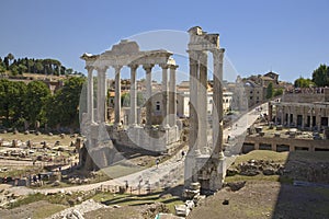 Temple of Saturn and Temple of Vespasian at Roman Forum seen from the Capitol, ancient Roman ruins, Rome, Italy, Europe