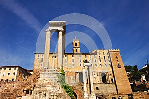 Temple of Saturn and Temple of Vespasian and Titus standing in front of the Tabularium building in the Roman Forum