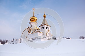 The Temple of Seraphim of Sarov in winter in the northern park of the city of Khabarovsk