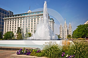 Temple square, foutain with the mormon temple in the background, Salt Lake City Utah