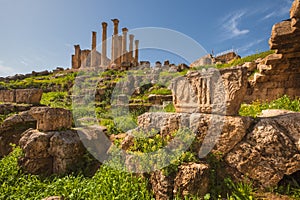 temple and stone ornament of column base on the ruins of the city of Jerash