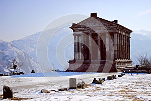 The Temple to the sun god Mihr (Mithra) near Garni in winter