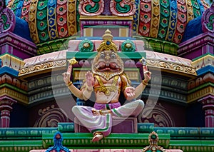 Temple tower with Hindu god lord Vishnu in Narasimha avatar (lion face