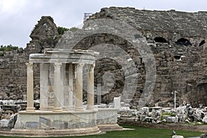 The Temple of Tyche adjacent to the ancient theatre at Side in Turkiye.