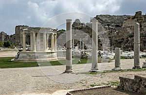 The Temple of Tyche adjacent to the ancient theatre at Side in Turkiye.