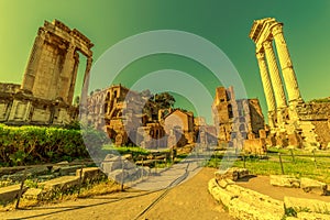 Temple of Vespasian columns located in the Roman Forum at morning light