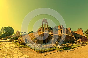 Temple of Vespasian columns located in the Roman Forum at morning light