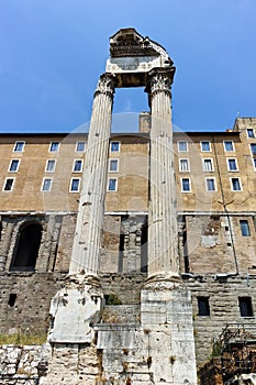 Temple of Vespasian and Titus at Roman Forum in city of Rome