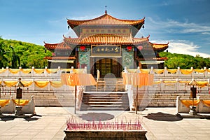 The temple, where the jade-golden statue of the goddess Guanyin is in the Nanshan park. Hainan, Sanya.