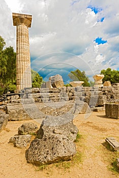 The Temple of Zeus ruins in ancient Olympia, Peloponnes, Greece