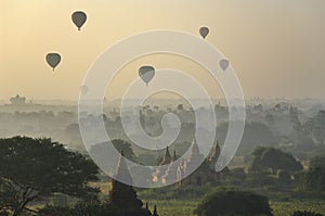 Temples of Bagan with hot air balloon. Myanmar (Burma)