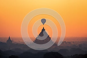 Temples in Bagan with hot air balloon for traval on sun rise and