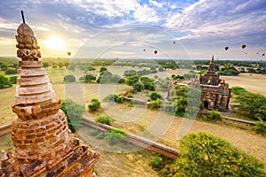 The Temples of Bagan at sunrise, Bagan, Myanmar photo