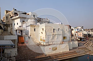 Temples, buildings and ghats at the holy Pushkar Lake, India