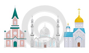 Temples of Different Religion with Orthodox and Catholic Church Vector Set