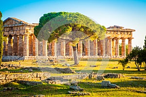 Temples of Paestum at sunset, Salerno, Campania, Italy