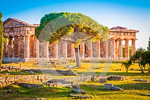 Temples of Paestum at sunset, Salerno, Campania, Italy