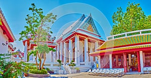 The temples and shrines of Wat Bowonniwet Vihara complex in Bangkok, Thailand