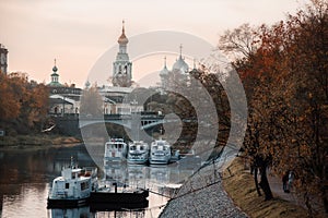 Temples of the Vologda Kremlin and ships from the river. Vologda, Russia