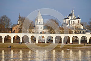 Temples of the Yaroslav Court in the April evening. Velikiy Novgorod, Russia