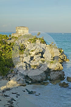 Templo del Dios del Viento Mayan ruins of Ruinas de Tulum (Tulum Ruins) in Quintana Roo, Yucatan Peninsula, Mexico. The turquoise