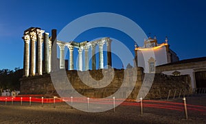 Templo Romano Roman temple at night in the city of Evora, Port