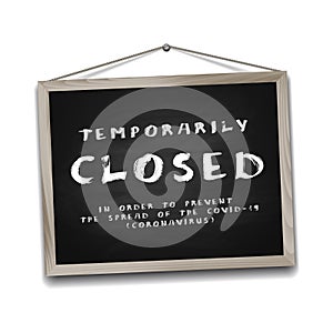 Temporarily closed sign of coronavirus news on black chalkboard in wooden frame.