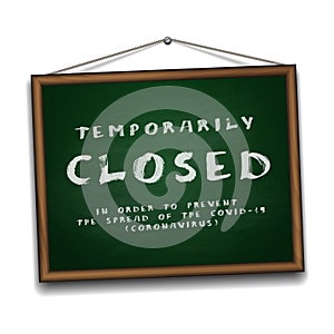 Temporarily closed sign of coronavirus news on Green chalkboard in wooden frame.